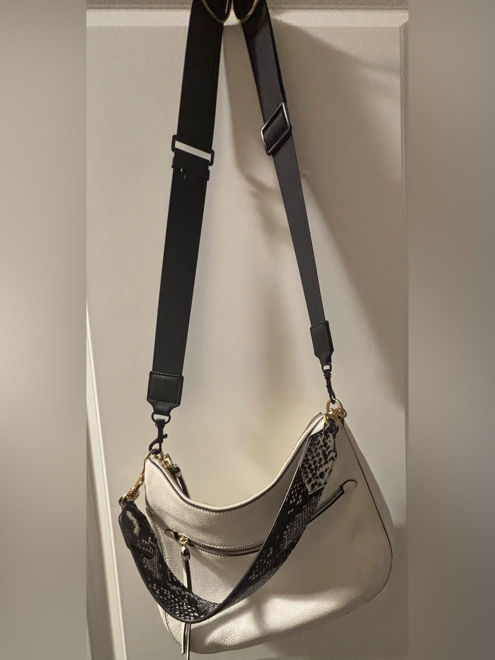 Women's Cream Shoulder Bag with Black Strap and Snake Accent